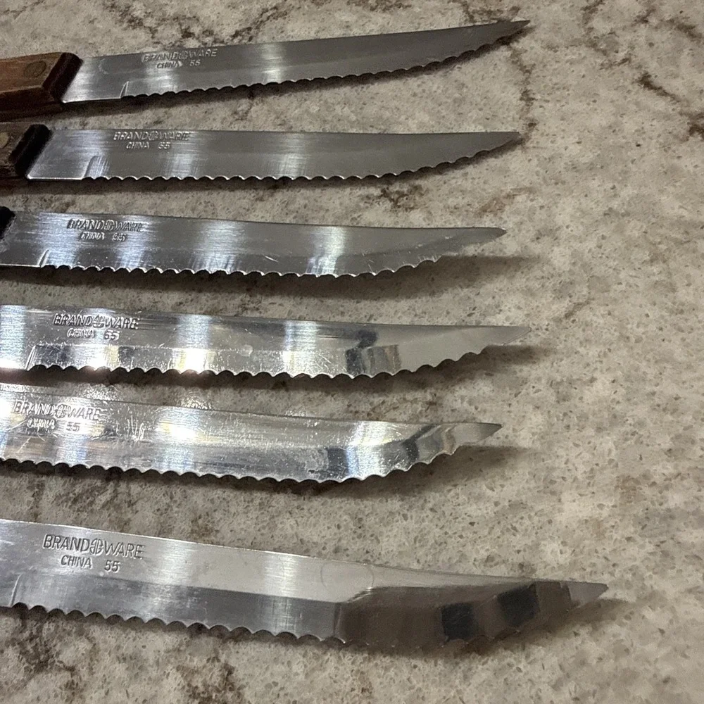 6 Vintage Brand Ware Stainless Steel Steak Knives Wooden Handles Dainty